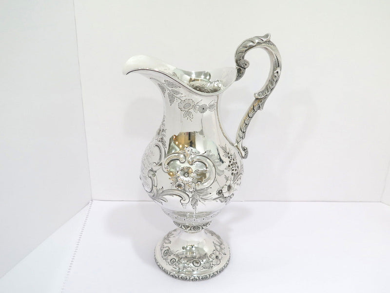 14 7/8 in - Coin Silver J. & W. Moir Antique c. 1852 Floral Repousse Pitcher