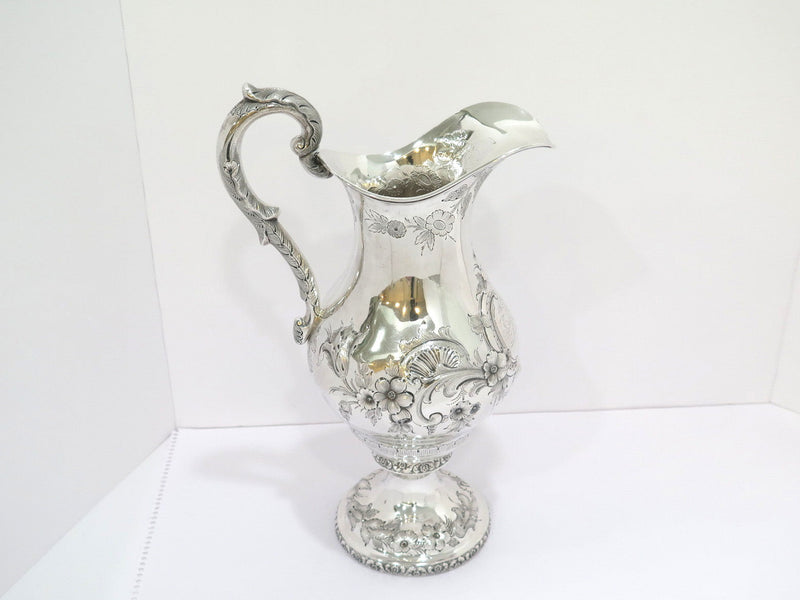 14 7/8 in - Coin Silver J. & W. Moir Antique c. 1852 Floral Repousse Pitcher