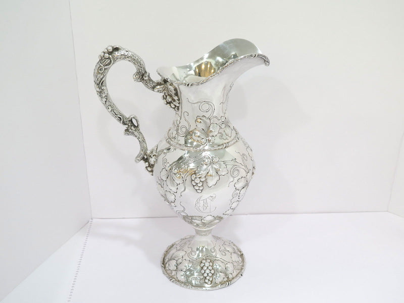 14.75 in - Sterling Silver Antique American Grapevine Repousse & Handle Pitcher