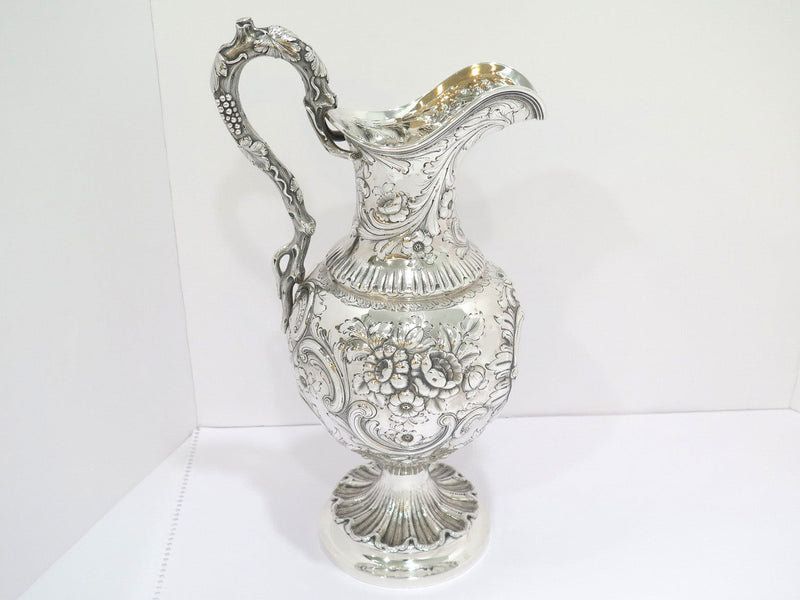 16.5" Coin Silver Bailey Antique c 1840 Floral Repousse Grapevine Handle Pitcher