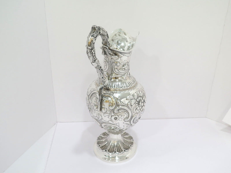 16.5" Coin Silver Bailey Antique c 1840 Floral Repousse Grapevine Handle Pitcher