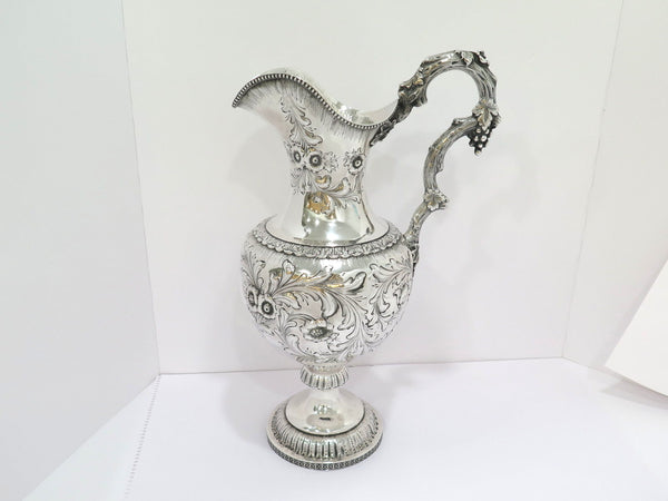 18 in - Coin Silver Bailey & Co Antique Floral Repousse Grapevine Handle Pitcher