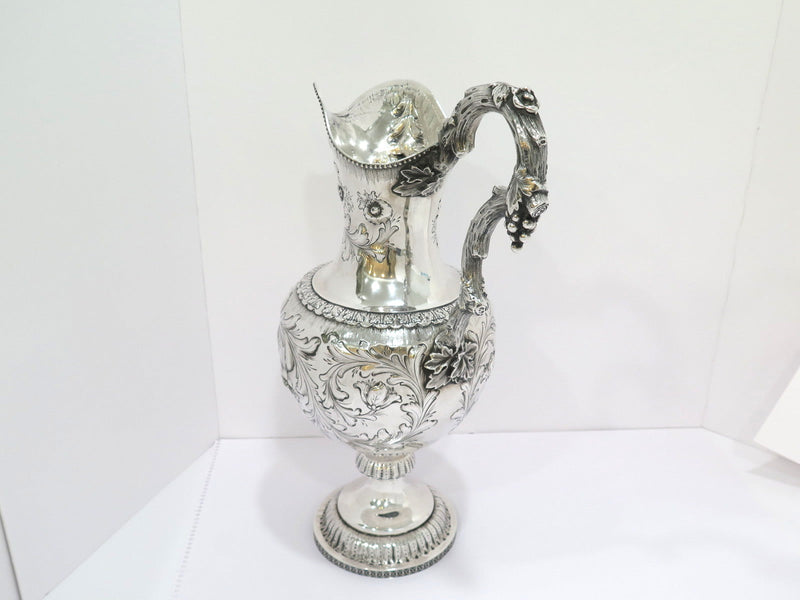 18 in - Coin Silver Bailey & Co Antique Floral Repousse Grapevine Handle Pitcher