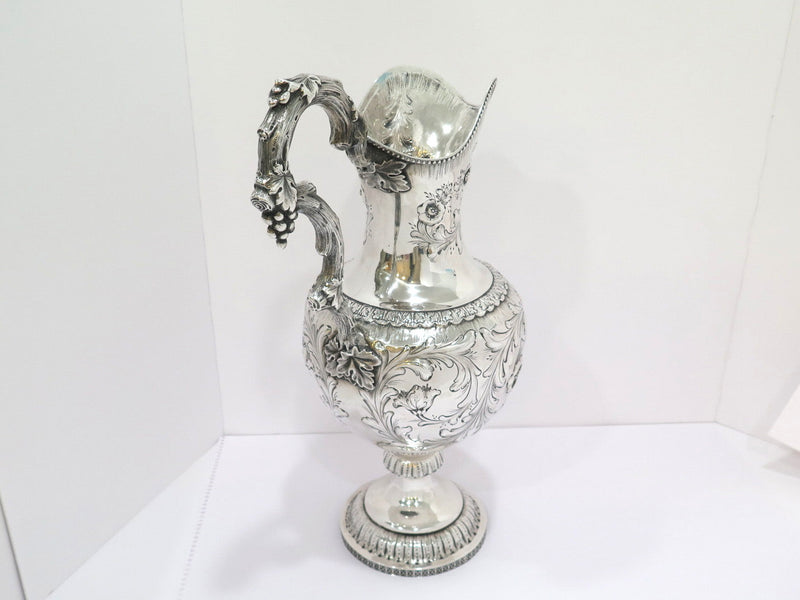 18 in - Coin Silver Bailey & Co Antique Floral Repousse Grapevine Handle Pitcher