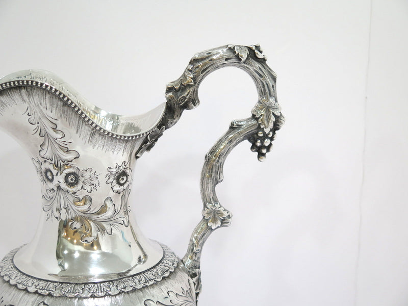 18 in - Coin Silver Bailey & Co Antique Floral Repousse Grapevine Handle Pitcher