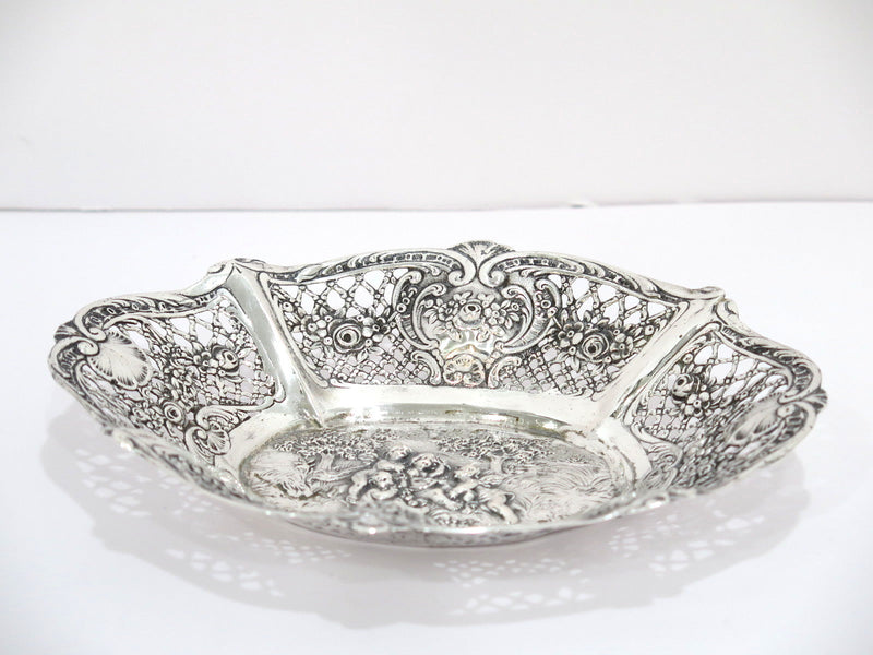 7.25 in - European Silver Hazorfim Vintage Cherubs Roses Candy Nut Basket