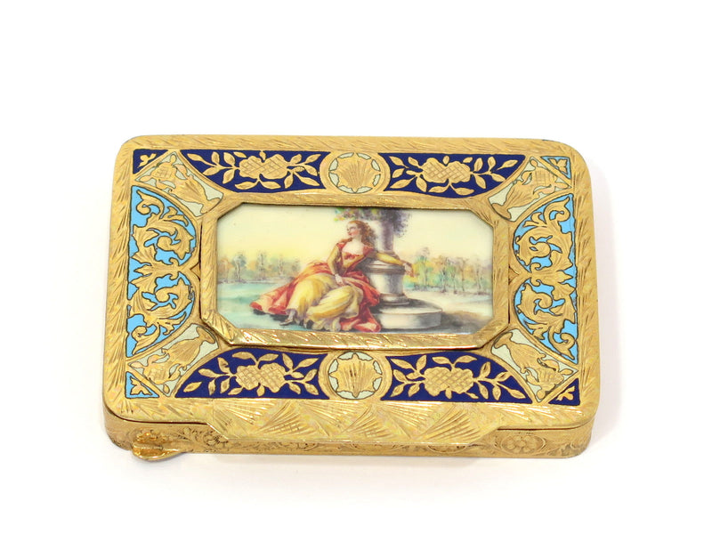 3.25 in - European Silver Gilt Enamel Antique Italian Beautiful Girl Compact