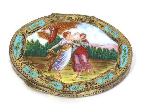 3.25" European Silver Gilt Enamel Antique Continental Two Dancing Women Compact