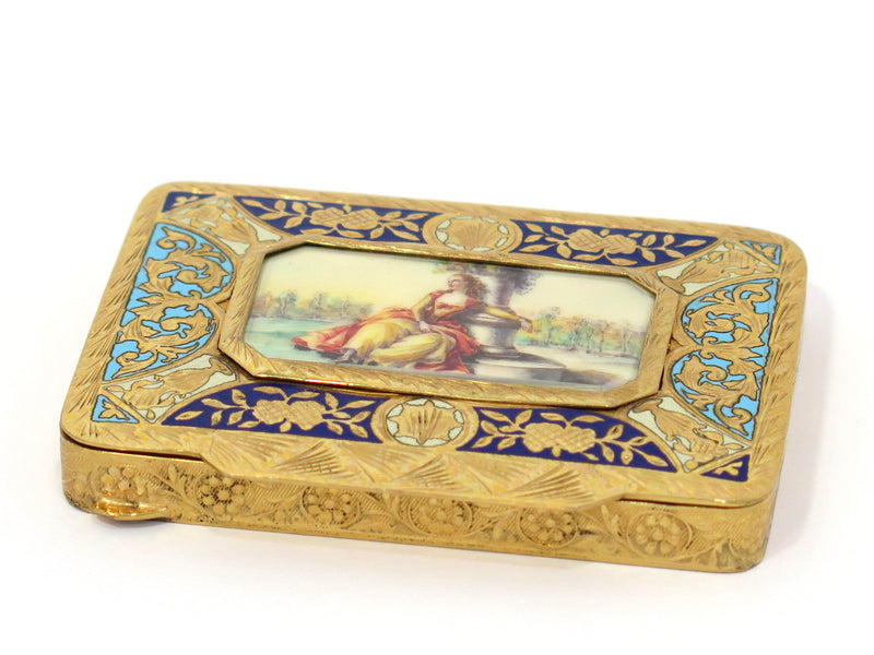 3.25 in - European Silver Gilt Enamel Antique Italian Beautiful Girl Compact