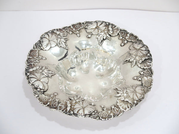 8 in - Sterling Silver Antique American Poppy Flower Round Candy Nut Dish