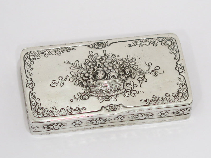 3 in - European Silver Gilt Interior Antique German Basket of Roses Snuff Box