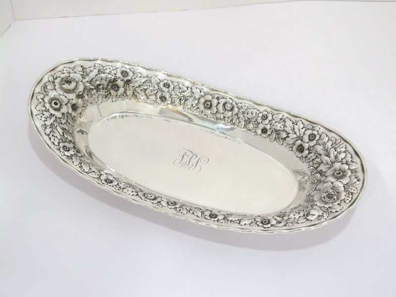 14 in - Sterling Silver Antique American Floral Repousse Bread Dish