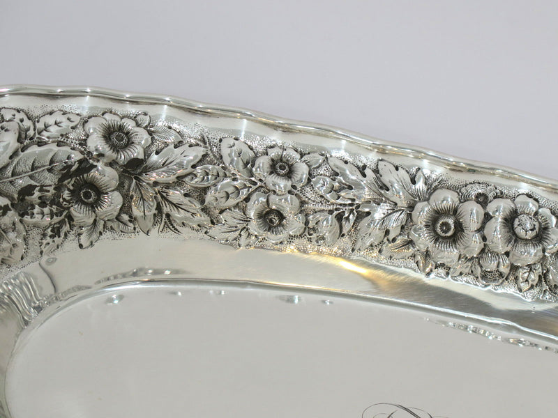 14 in - Sterling Silver Antique American Floral Repousse Bread Dish