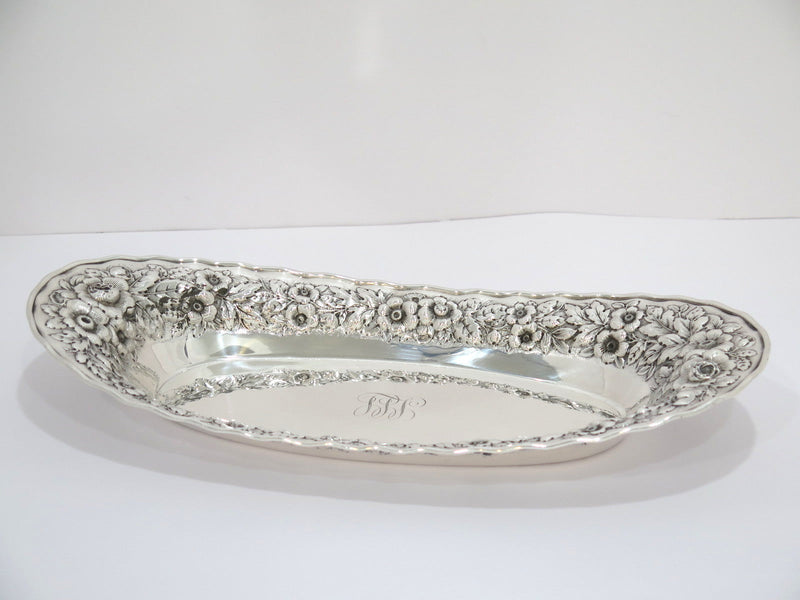 14 in - Sterling Silver Antique American Floral Repousse Bread Dish