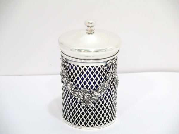 6.25 in - Sterling Silver Blue Glass Antique American Floral Garlands Jar