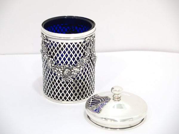 6.25 in - Sterling Silver Blue Glass Antique American Floral Garlands Jar