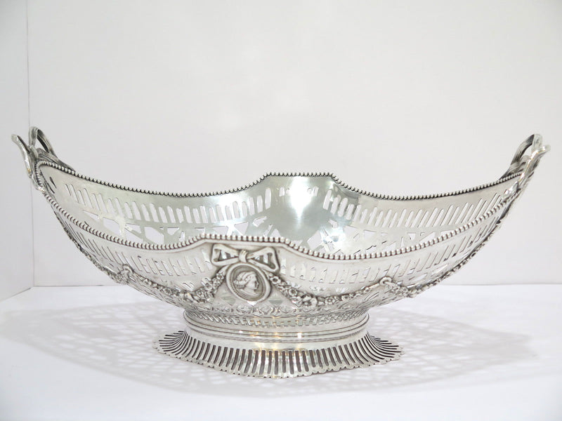 16.25 in - European Silver Antique Dutch Medallion Bow Footed Bowl / Centerpiece