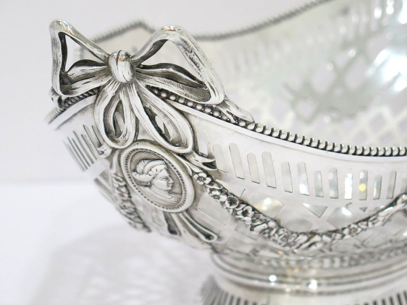 16.25 in - European Silver Antique Dutch Medallion Bow Footed Bowl / Centerpiece