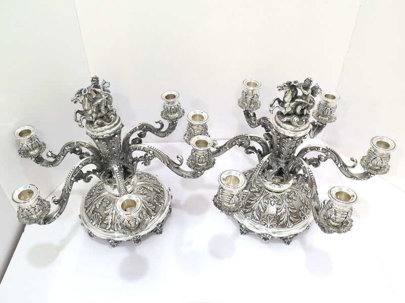 Pair of 15.75 in European Silver Antique Italian Triton on Seahorse Candelabras