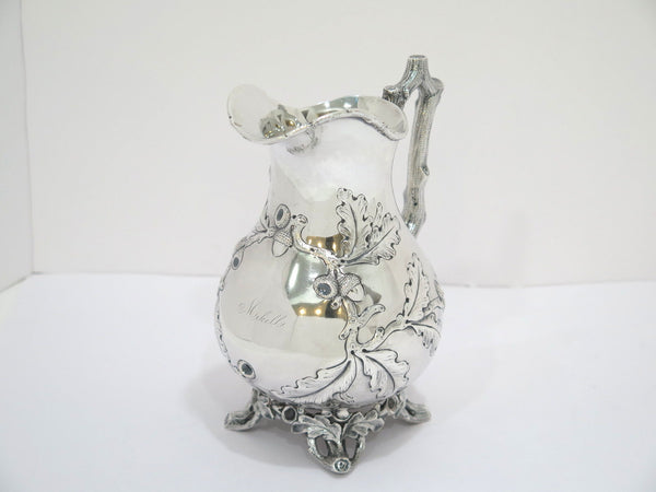 7 in - Coin Silver Hayden & Whilden Antique Oak Motif Footed Small Pitcher