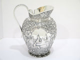 8 7/8 in - European Silver Antique Dutch Scenery Flowers Birds Repousse Pitcher