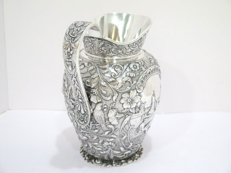 8 7/8 in - European Silver Antique Dutch Scenery Flowers Birds Repousse Pitcher