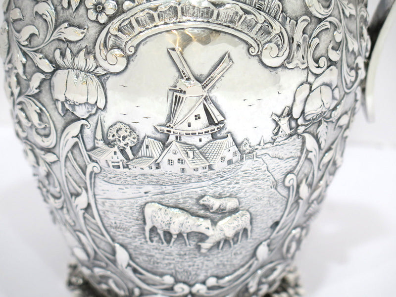 8 7/8 in - European Silver Antique Dutch Scenery Flowers Birds Repousse Pitcher