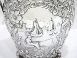 8 7/8 in - European Silver Antique Dutch Scenery Flowers Birds Repousse Pitcher