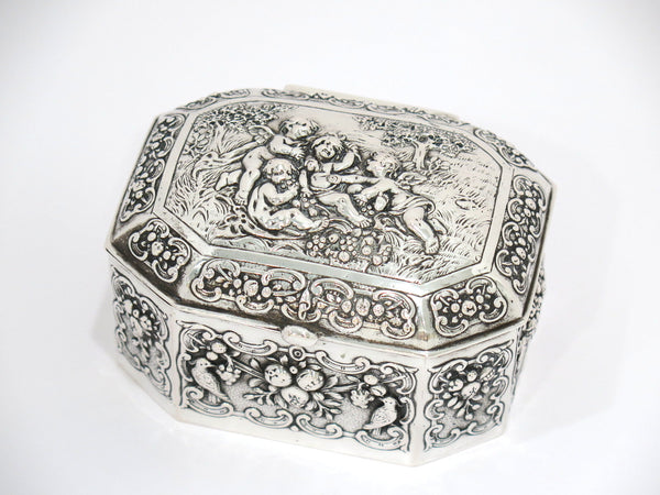 5.5 in - European Silver Antique German Four Cherubs Fruit Decorated Box