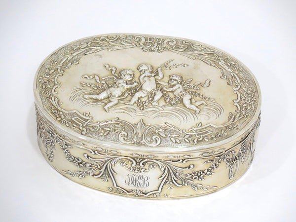 5 7/8 in - Sterling Silver Gilt Vintage German Three Cherubs Floral Garlands Box