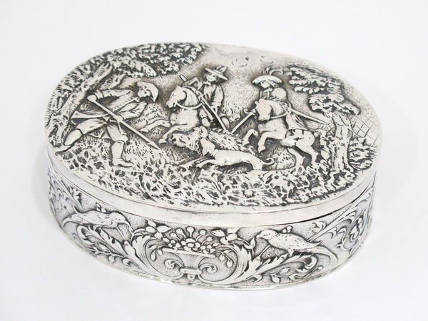 5 in - European Silver Antique German Boar Hunting Scene Oval Box