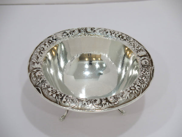 6.25" Sterling Silver S Kirk & Son Antique Floral Repousse Footed Candy Nut Dish