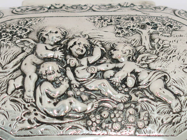 5.5 in - European Silver Antique German Four Cherubs Fruit Decorated Box