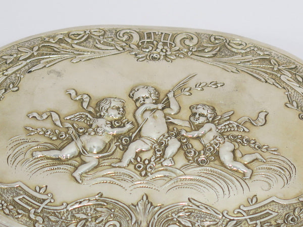 5 7/8 in - Sterling Silver Gilt Vintage German Three Cherubs Floral Garlands Box