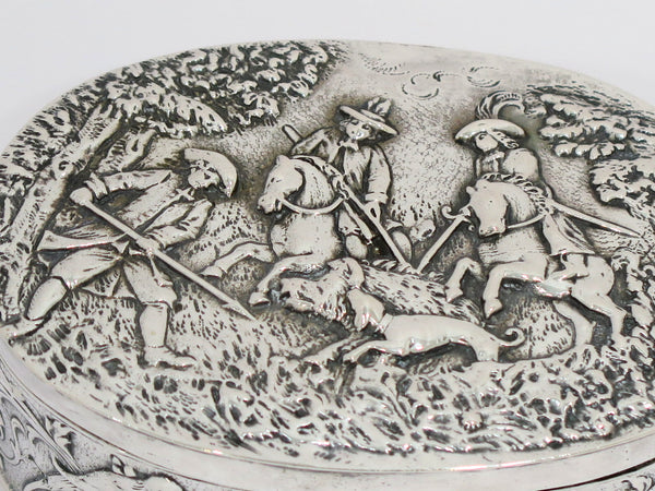 5 in - European Silver Antique German Boar Hunting Scene Oval Box