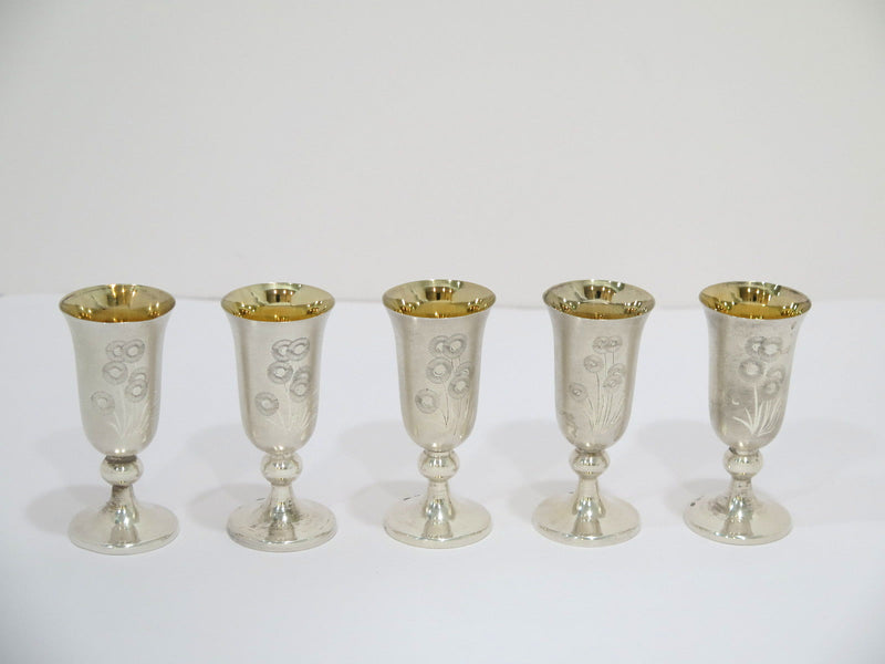 5 pc 3 3/8" 916 Silver Gilt Inside Vintage Russian Floral Vodka Shot Goblet Set