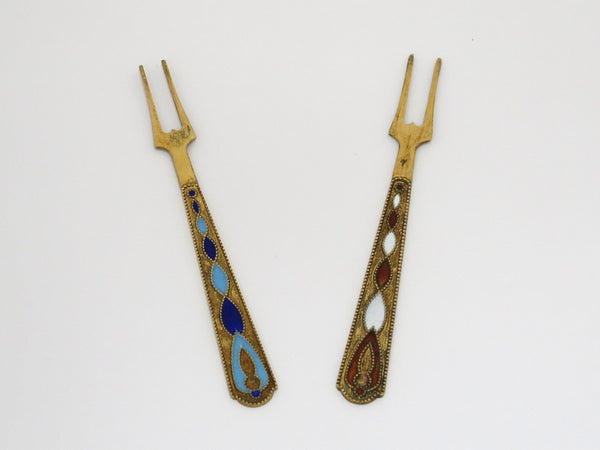 Pair of 3 5/8 in - Sterling Silver Enamel Vintage Russian Olive Forks