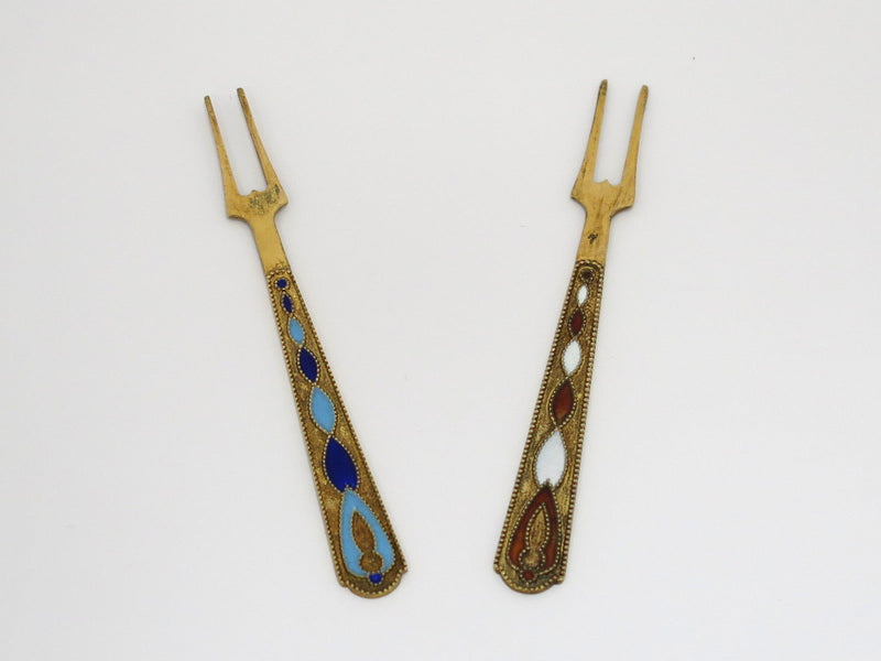 Pair of 3 5/8 in - Sterling Silver Enamel Vintage Russian Olive Forks