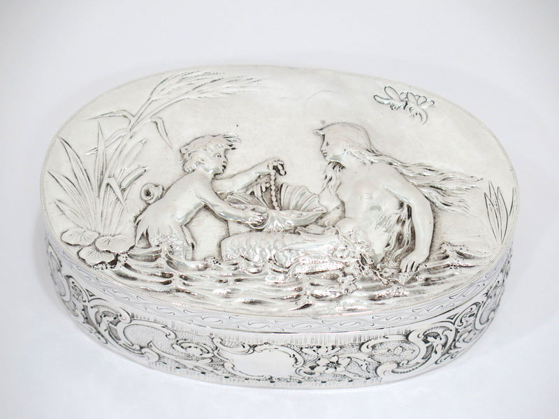 6 3/8 in - European Silver Gilt Interior Antique German Hanau Mermaid Oval Box