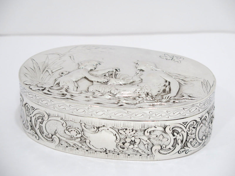 6 3/8 in - European Silver Gilt Interior Antique German Hanau Mermaid Oval Box