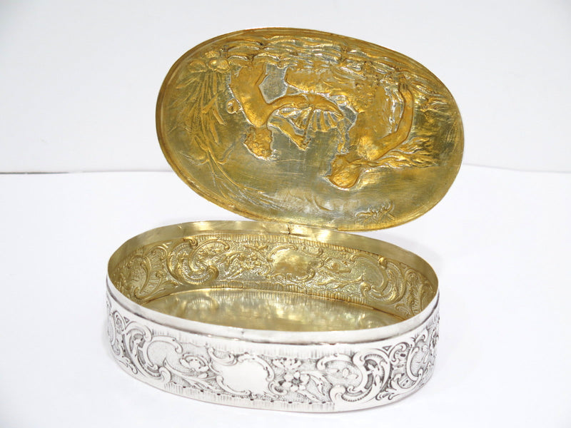 6 3/8 in - European Silver Gilt Interior Antique German Hanau Mermaid Oval Box