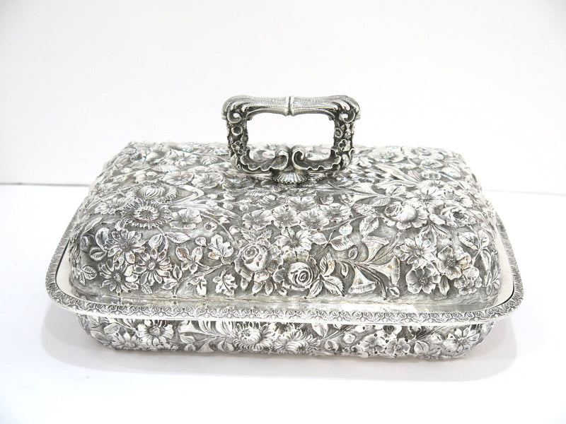 11.25 in Sterling Silver Jacobi & Jenkins Antique Floral Repousse Hot Food Dish