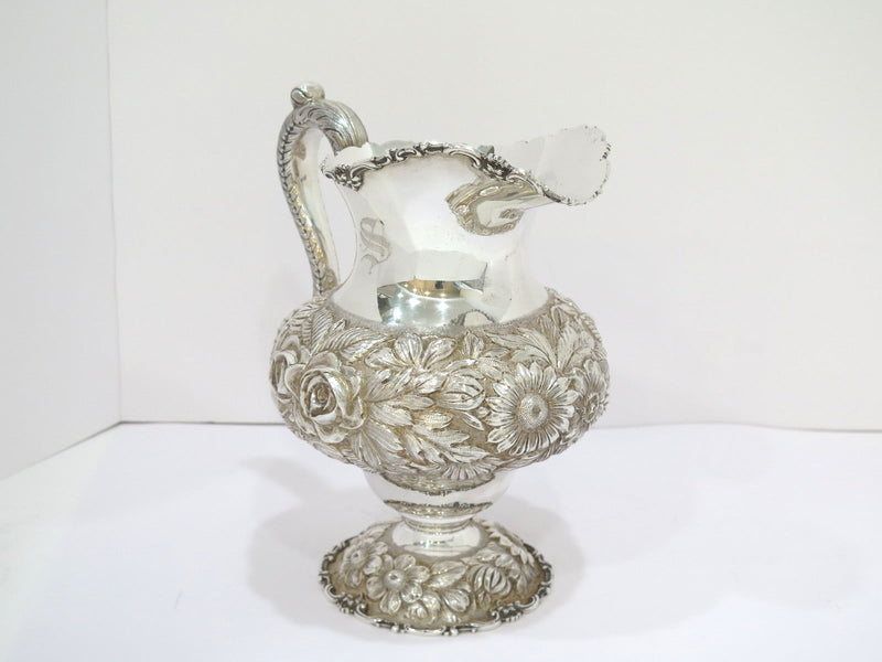 9 7/8 in - Sterling Silver Stieff Vintage Hand Chased Floral Repousse Pitcher