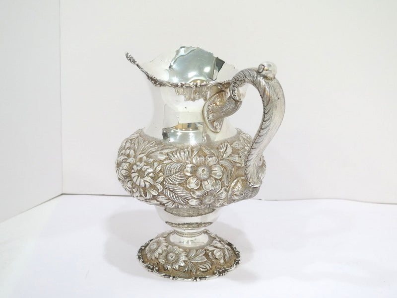 9 7/8 in - Sterling Silver Stieff Vintage Hand Chased Floral Repousse Pitcher