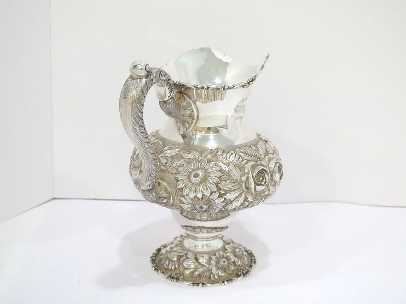 9 7/8 in - Sterling Silver Stieff Vintage Hand Chased Floral Repousse Pitcher