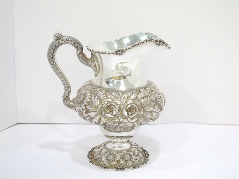 9 7/8 in - Sterling Silver Stieff Vintage Hand Chased Floral Repousse Pitcher