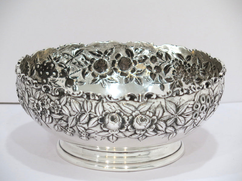 9 in - Sterling Silver S. Kirk & Son Antique Floral Repousse Footed Serving Bowl