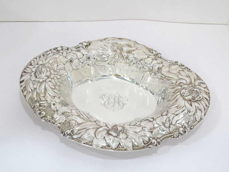 15 in - Sterling Silver Gorham Antique Peony Repousse Oval Serving Bowl