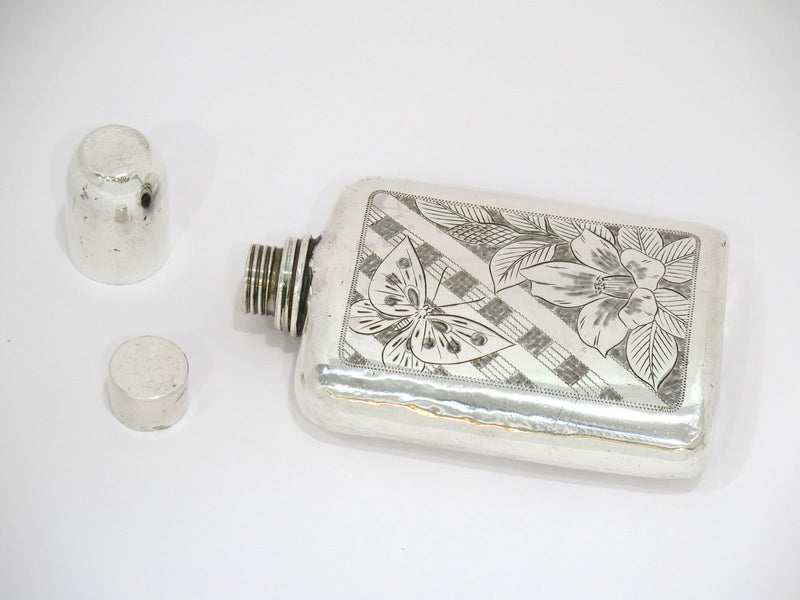 6.25 in - Sterling Silver Antique Japanese Flower Butterfly Flask