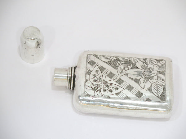 6.25 in - Sterling Silver Antique Japanese Flower Butterfly Flask